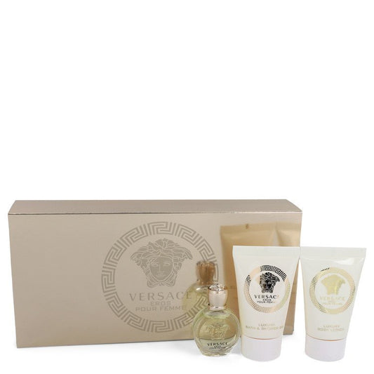 Versace Eros by Versace Gift Set -- .17 oz Mini EDP + .8 oz Shower Gel + .8 oz Body Lotion (Women)